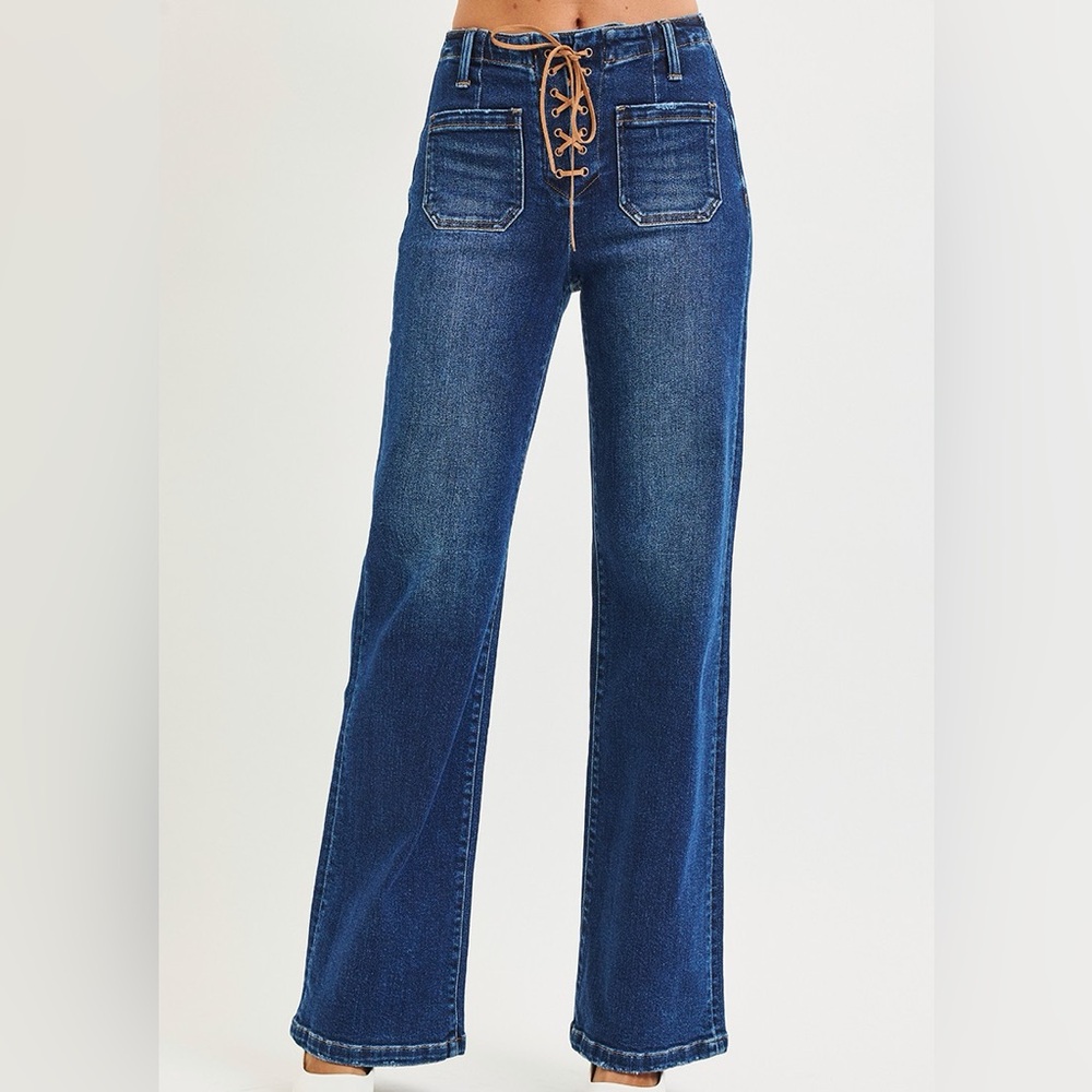 🩵 RISEN High Rise Wide Leg Jeans w/Front Tie Detail -Plus Size - Dark Wash
